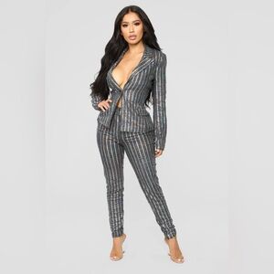 Fashion Nova Disco Honey Metallic Suit Set Silver Sequins